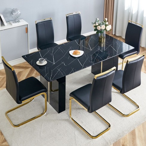 NicBex Dining Table Set for 6 Luxurious Style Tempered Glass Rectangular Table with 6 PU Chairs for Kitchen - image 1 of 4