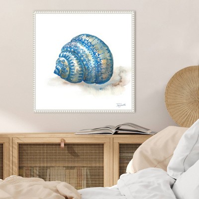Bohemian Shells I Blue Seashell Canvas Wall Art with White Frame