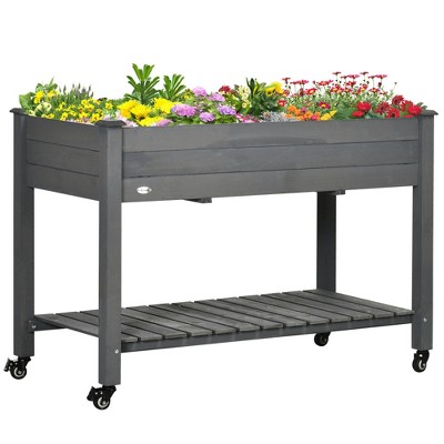 Chic Crate - 47" Elevated Wood Planter Box with Locking Wheels & Storage Shelf - Raised Garden Bed with Liner for Backyard/Patio - Dark Gray