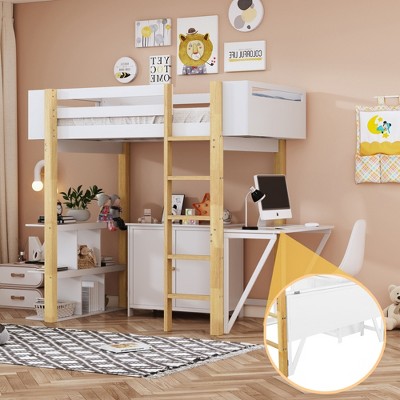 Twin Size Wood Loft Bed With Built-in Storage Cabinet and Cubes