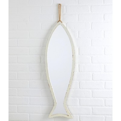 Lakeside Distressed White Wood Fish-Shaped Wall Hanging Mirror for Indoors