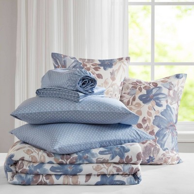 Twin Blue Microfiber Floral Bed in a Bag Set