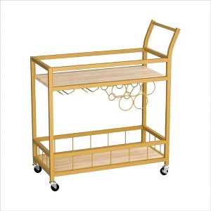 HomeRoots 27" Gold Metal and Wood Rolling Bar Cart With Wine Storage - 1 of 4