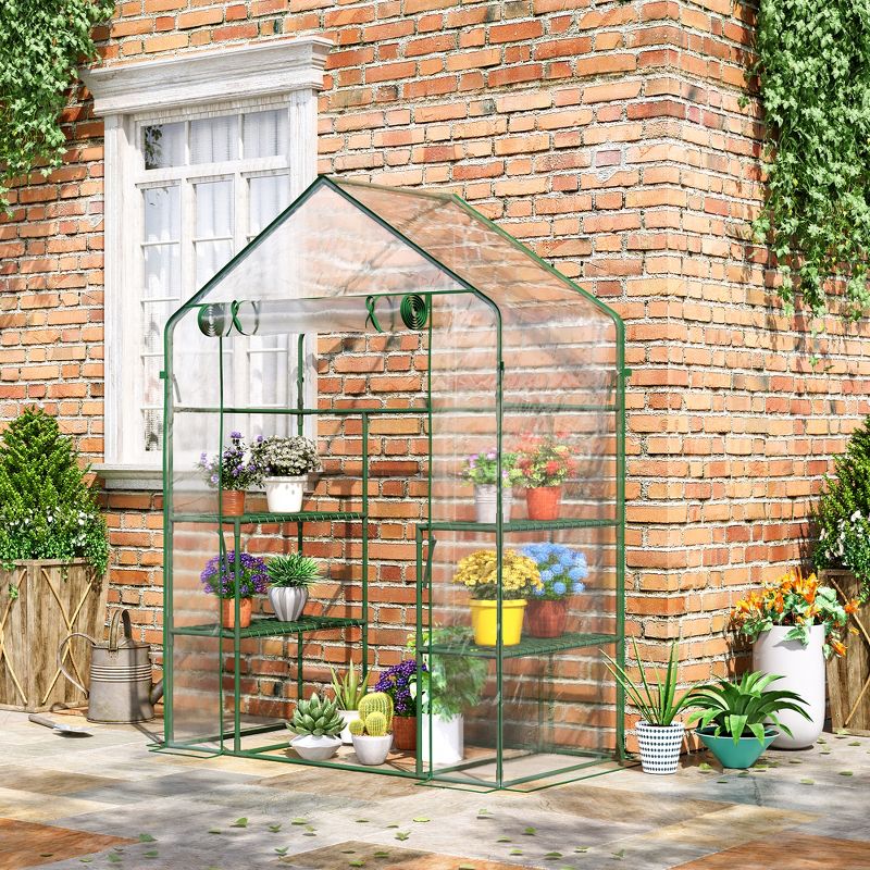 Outsunny 56" x 29" x 77" Mini Greenhouse, Walk-in Greenhouse, Garden Hot House with 4 Shelves, Roll-Up Door and Weatherized Cover, Clear, 2 of 7