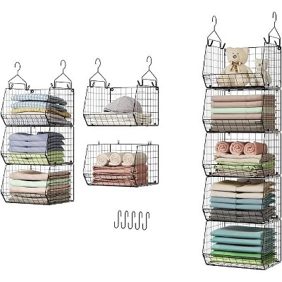 MaseiKar 5 Tier Closet Hanging Organizer, Clothes Hanging Shelves with 4 Hanging Hooks 5 S Hooks, Wire Storage Basket Bins, for Clothing Sweaters