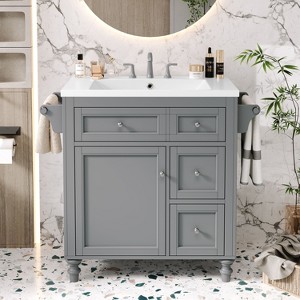 NicBex Bathroom Vanity with Top Sink,Multi-Functional Bathroom Sink Vanity with 2 Drawers and a Tip-out Drawer,30" Bathroom Sink Cabinet,Gray - 1 of 4