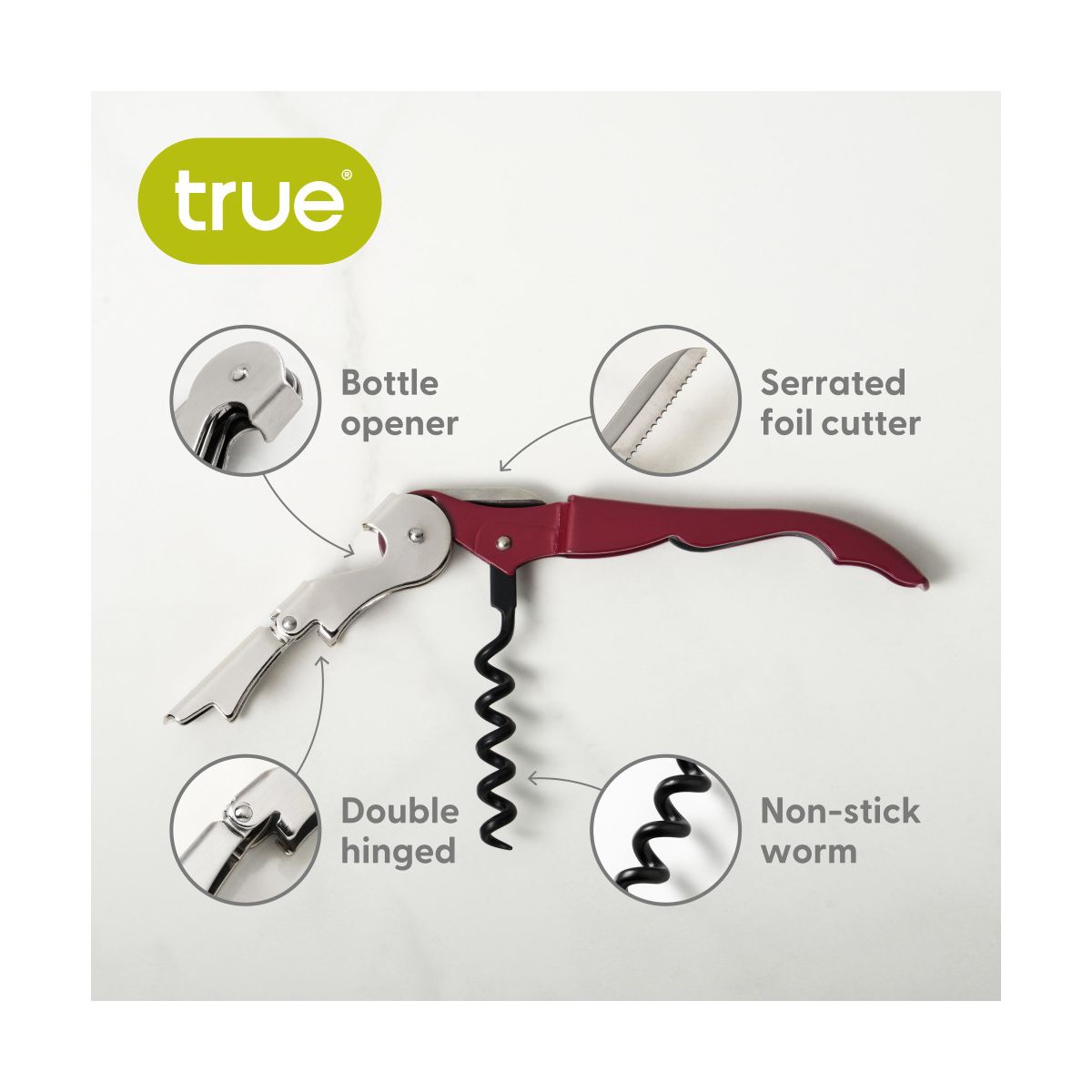 True Truetap Double Hinged Corkscrew Wine Opener, Stainless Steel Wine Key, Built-in Bottle Opener & Foil Cutter, Home Bar Gifts, Travel, Burgundy - thumbnail 2
