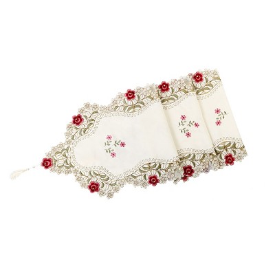 PiccoCasa Flowers Dining Table Runner Embroidered Tassel Floral Lace 15x59 Inches Red Rose