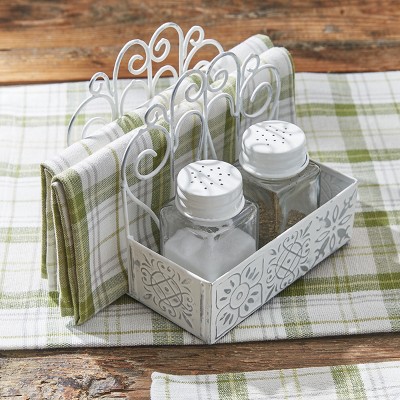 White Distressed Metal Napkin Holder with Glass Salt & Pepper Shakers