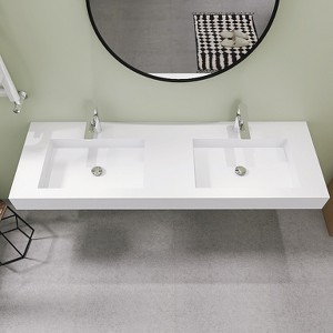 59 x 19 in. Solid Surface Wall Mount or Countertop Bathroom Double Vessel Sink with Faucet Holes in Matte White - 1 of 4