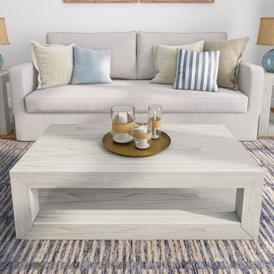 White Sand Wirebrush Rectangular Wood Coffee Table with Storage Shelf