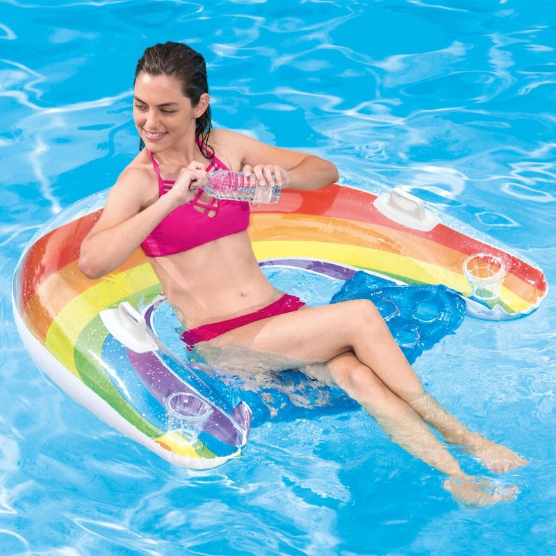 Intex Sit N' Float 60 x 39" Swimming Pool or Lake Inflatable Lounger Floating Water Raft with 2 Cupholders and Full Relaxing Backrest, Rainbow, 5 of 6