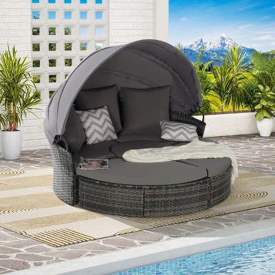 5-Piece Outdoor Wicker Patio Set with Retractable Canopy, Cushions & Storable Table for Garden or Poolside Relaxation - Coolbibila