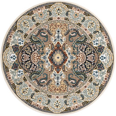 Ivory and Blue Round Floral Synthetic Area Rug, 5' 1"