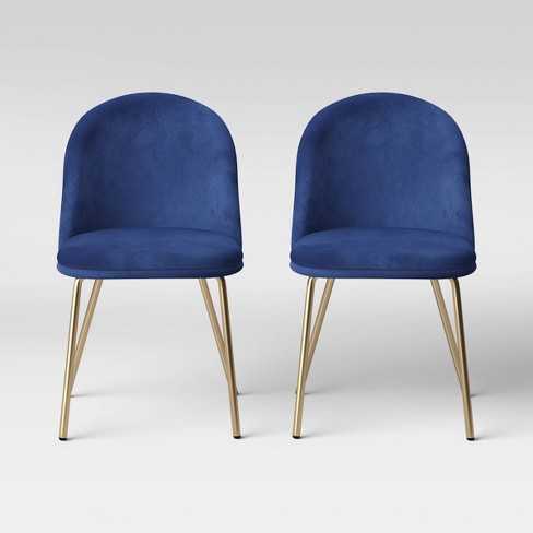 Set Of 2 Nils Brass Base Dining Chair, Navy Blue Velvet Parsons Chairs