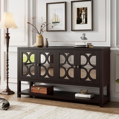 TIRAMISUBEST Elegant Retro Console Table/Storage Cabinet/Sideboard with Mirrored Doors, Spacious Shelves, and Durable Acacia Wood Legs
