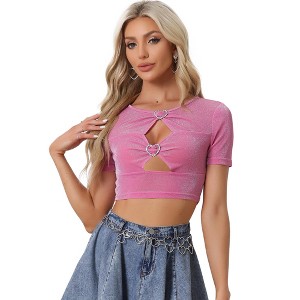 Allegra K Women's Party Glitter Shiny Short Sleeves Cut Out Metallic Fabric Crop Tops - 1 of 4
