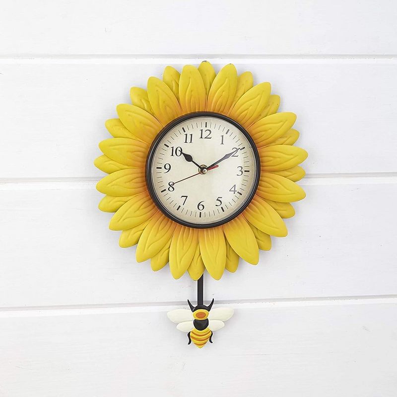 SkyMall Sunflower Silent Wall Clock, Battery Operated Pendulum Analog Wall Clock with Bee Design, 3 of 5