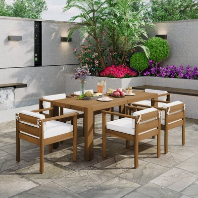 Chic Crate-7-Piece Patio Dining Set – 72.8in Rect Table | W/ Removable Cushions | Backyard, Garden, Poolside (Light Teak/Beige)