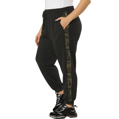 Women Plus Size Drawstring Waist Contrast Color Jogger Pants 3X Black Long  