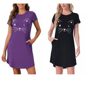 INSPIRE CHIC Women's 2 Pcs Cats Printing Pajamas Cute Printed Sleep Dress Short Sleeve Nightgowns - 1 of 4