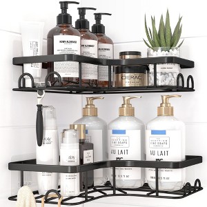 Aoibox Corner Shower Caddy - 2 Pack Adhesive Organizer, Rustproof Stainless Steel Shelves with Hooks, No Drill Bathroom Storage, Space-Saving Black - 1 of 4