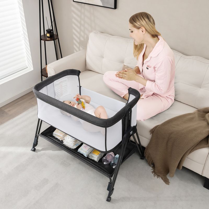 Babyjoy Baby Bedside Sleeper Bassinet with  Wheels & Storage Tray Folding Adjustable Crib, 4 of 11