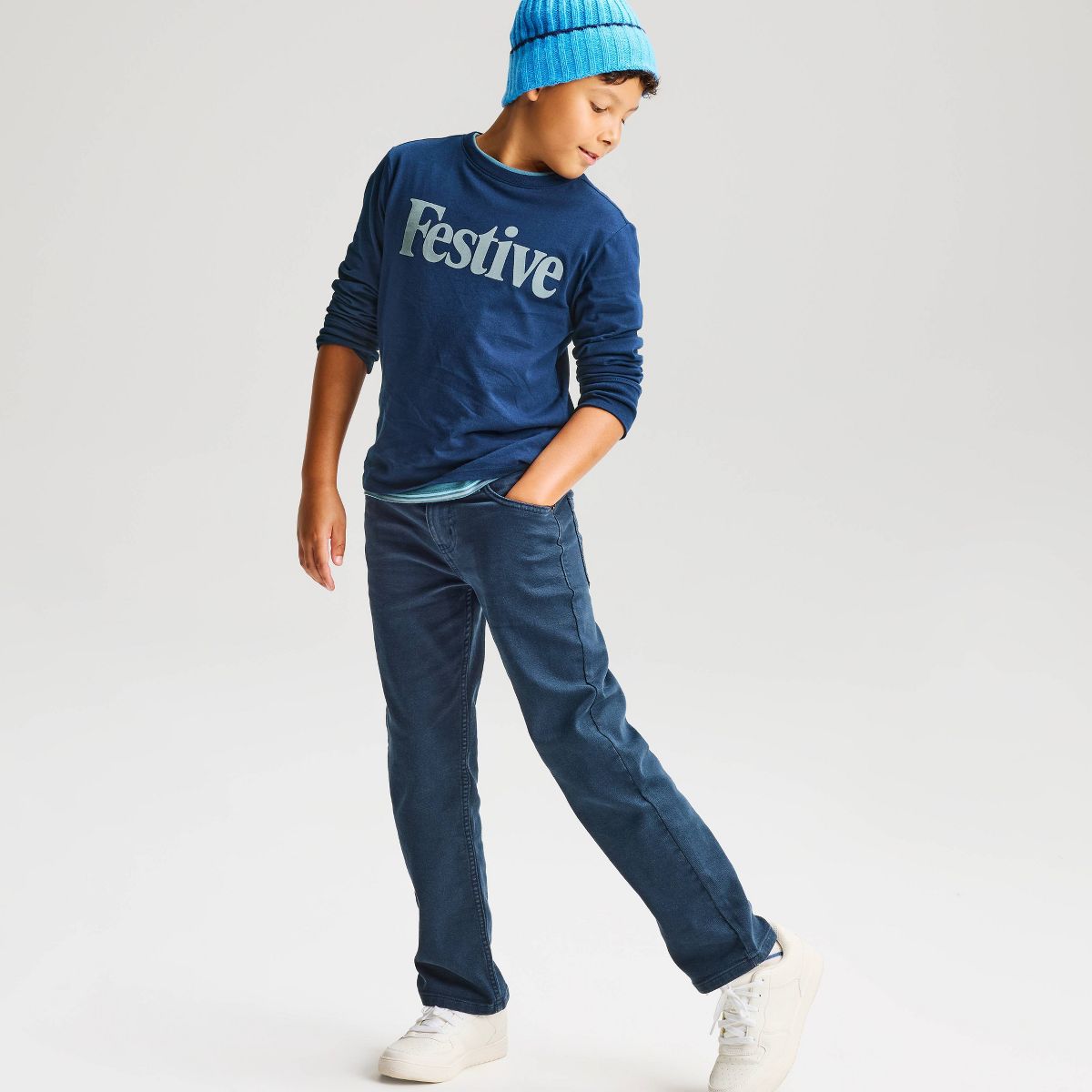 Boys' Long Sleeve 100% Cotton 'Festive' Holiday Classic Fit Graphic T-Shirt - Cat & Jack™ Navy Blue