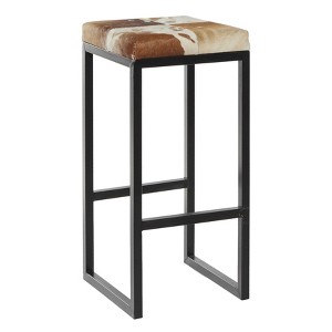 Industrial Cowhide and Metal Bar Height Stool Brown - Olivia & May: Leather Seat, Iron Frame, Fixed Height - 1 of 4