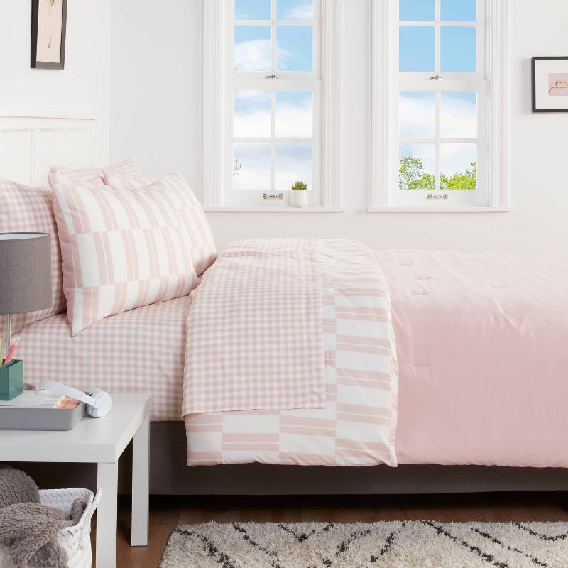 Dash Stripe Printed Microfiber Reversible Comforter & Sheets Set Ivory/Light Pink - Room Essentials™, 4 of 9