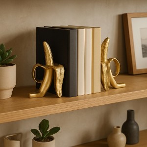 Decorative Banana Book Ends for Home Decor - Sculptural Book Accessories for Office Spaces, Desk Decor and Home Library - Set of 2, 11", Gold - 1 of 4