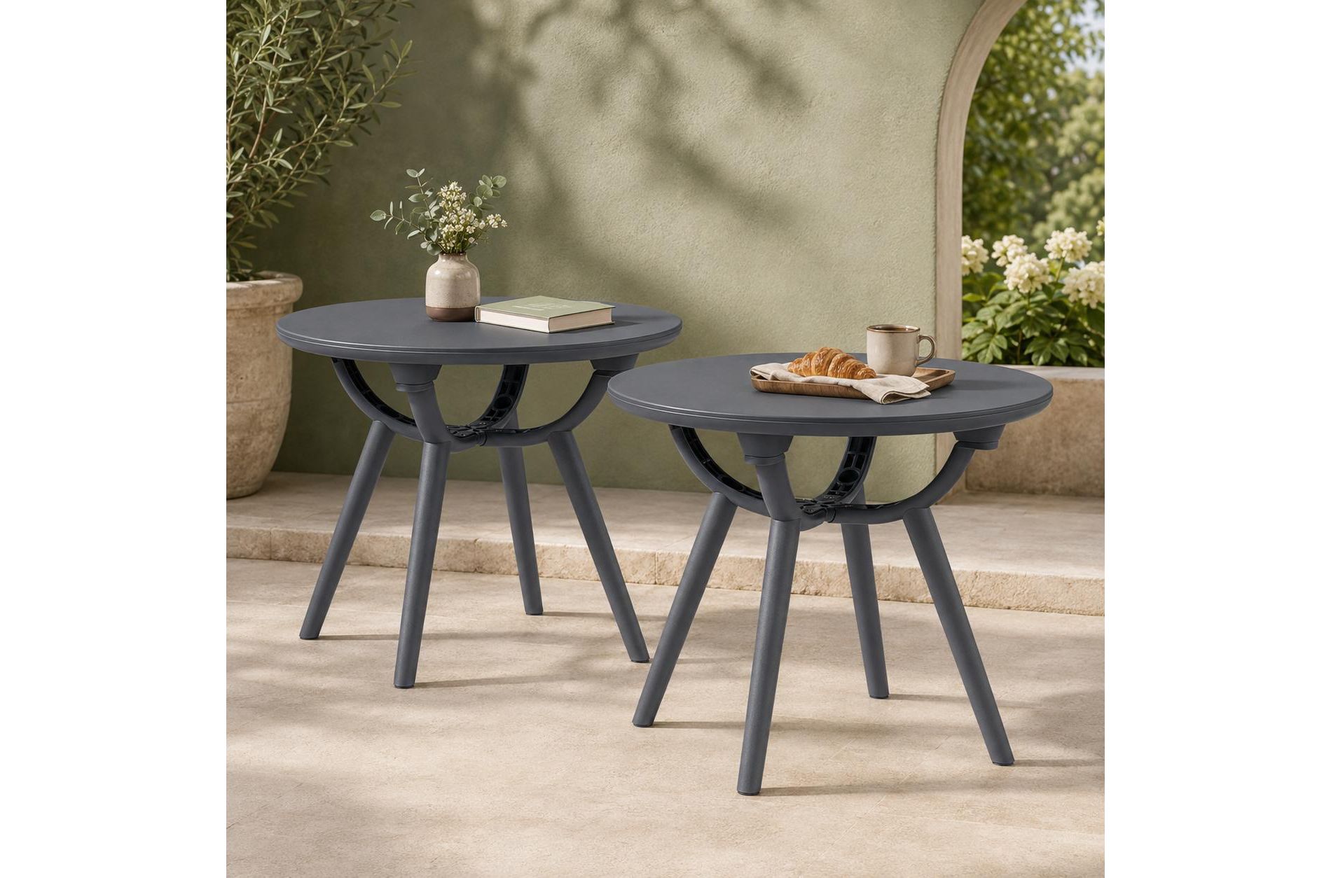 Round Outdoor Coffee Tables Set of 2 Weather-Resistant for Patio Poolside Balcony Porch, 20 Inch, Gray