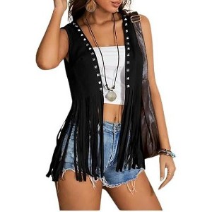 Coolmee Women's Western Fringe Vest Faux Suede Country Cowboy Outfits 70s Hippie Tessel Jacket Cardigan 2XL Black - 1 of 4