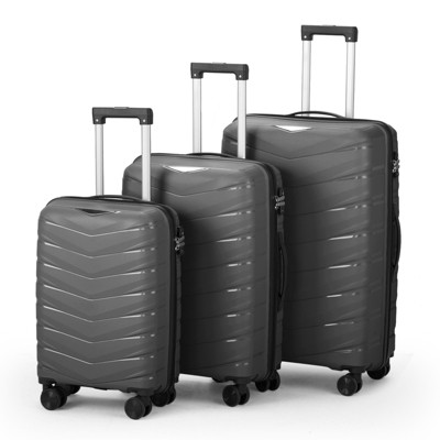 Karl Home 3 Piece Suitcases, PP Hard Shell Suitcase 20 inch 24 inch 28 inch Luggage Sets Double Wheels with TSA Lock Grey