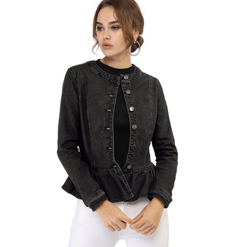 INSPIRE CHIC Women's Peplum Collarless Round Neck Button Down Cropped Ruffle Hem Denim Jackets Small Black