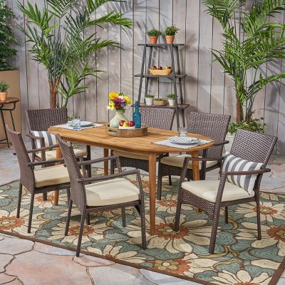 Christopher Knight Home Melpomene Outdoor Acacia Wood and Wicker 7 Piece Dining Set with Cushion