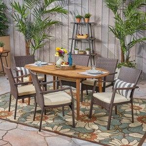 Christopher Knight Home Melpomene Outdoor Acacia Wood and Wicker 7 Piece Dining Set with Cushion - 1 of 4