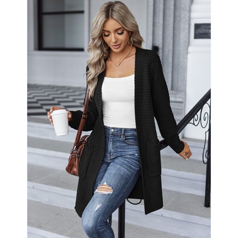 Женские кардиганы Zeagoo Women's 2025 Fall Open Front Cardigan Long Batwing Sleeve Chunky Knit Sweater Loose Outerwear Coats with Pockets Black S