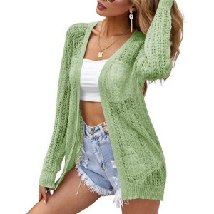 Womens Summer Lightweight Cardigan Long Sleeve Open Front Loose Beach Crochet Cover Up - 1 of 2