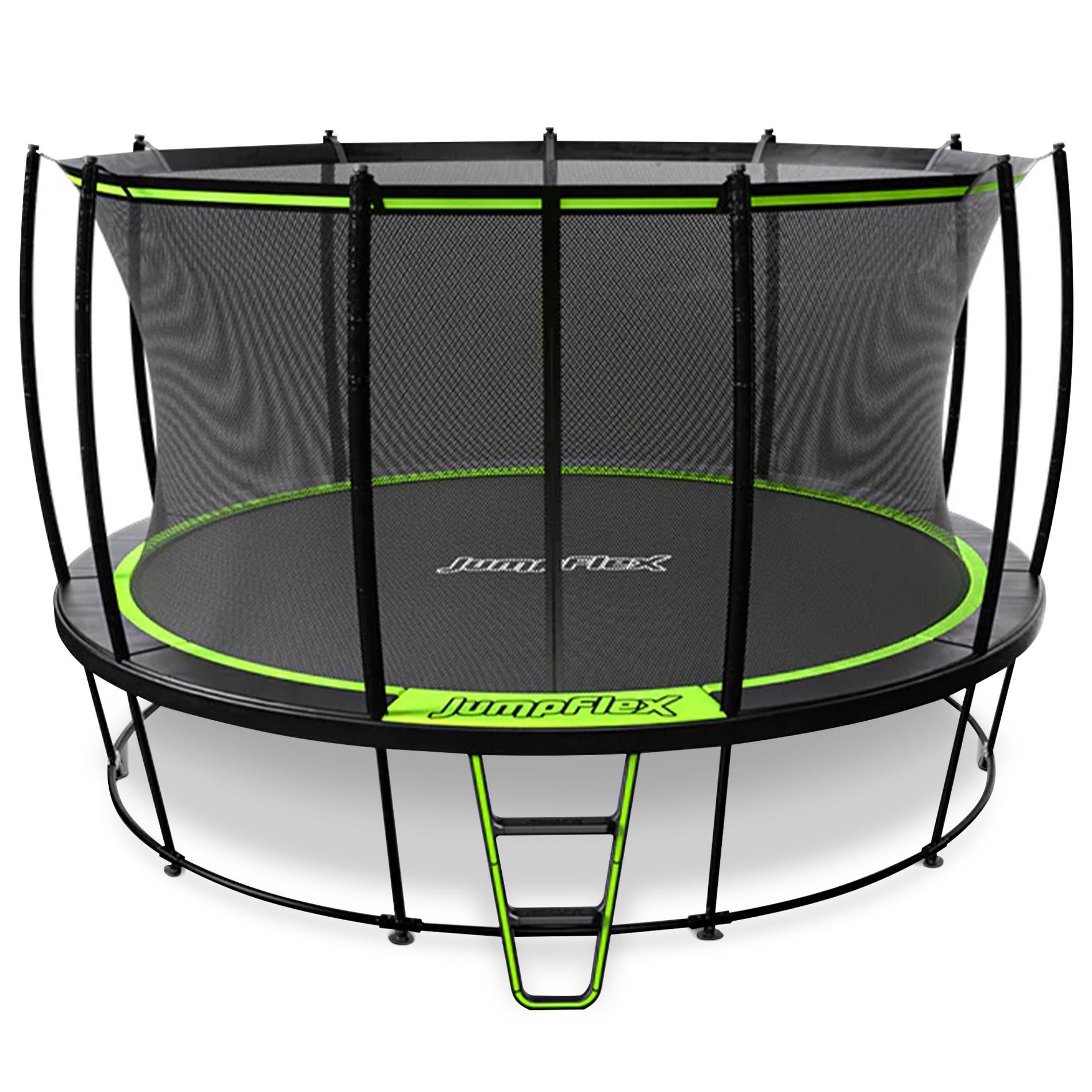JumpFlex HERO 14 Foot Round Outdoor Backyard Trampoline Playset for Kids with Net Safety Enclosure and Ladder, Multicolor
