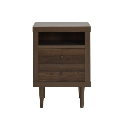 Gulches Walnut Mid-Century Nightstand with Dual Drawers