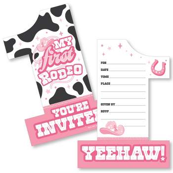 Big Dot of Happiness Pink First Rodeo - Shaped Fill-In Invitations - Cowgirl 1st Birthday Party Invitation Cards with Envelopes - Set of 12