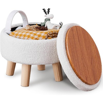 KTMBDW Storage Ottoman, Modern Round Footrest with Soft Padded Seat, Teddy Velvet Footstool with Wood Legs,Accent Small Table for Hallway, Living Room