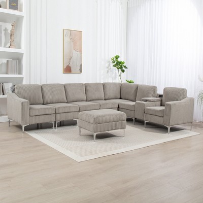 129.14" Convertible Corduroy Modular Sectional Sofa with Storage Ottoman, Console and USB Ports