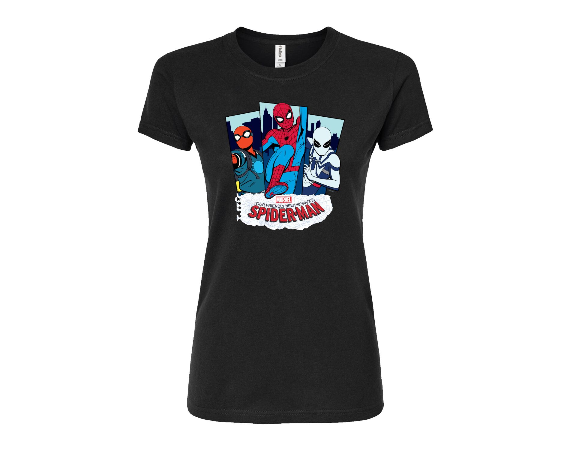 Women's Marvel Friendly Neighborhood Spider-Man Suits Fitted Graphic T-Shirt - Black - Large