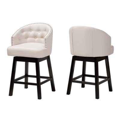 Light Beige Fabric and Wood Swivel Counter Stool Set