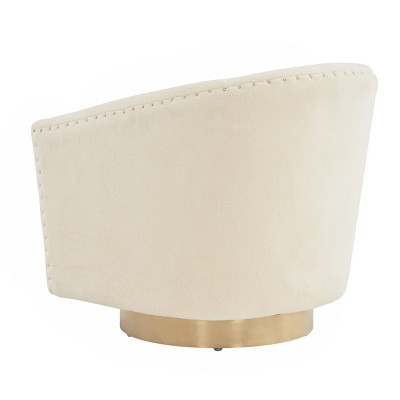 Ivory Velvet Swivel Barrel Chair with Wood Accents