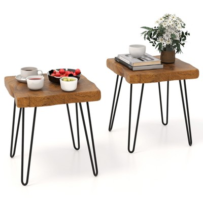 Tangkula 1PC/2PCS 16" × 16" Solid Teak Wood Side Table Indoor Outdoor Square Side Table w/ Metal Legs Solid Wood Patio Table Home End Table