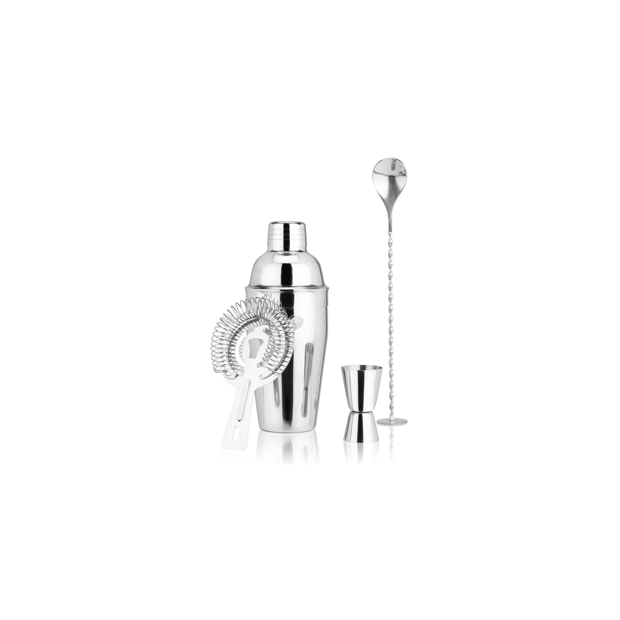 True 4-Piece Silver Barware Set with Cocktail Shaker, Strainer, Jigger, Bar Spoon for Mixed Cocktails, Cold Brew Drinks, Bartender Tools, Home Bar