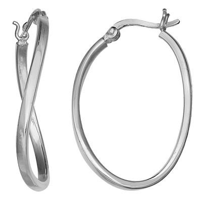 Polished Oval Hoop Earrings with Click Top in Sterling Silver - Gray (30mm)